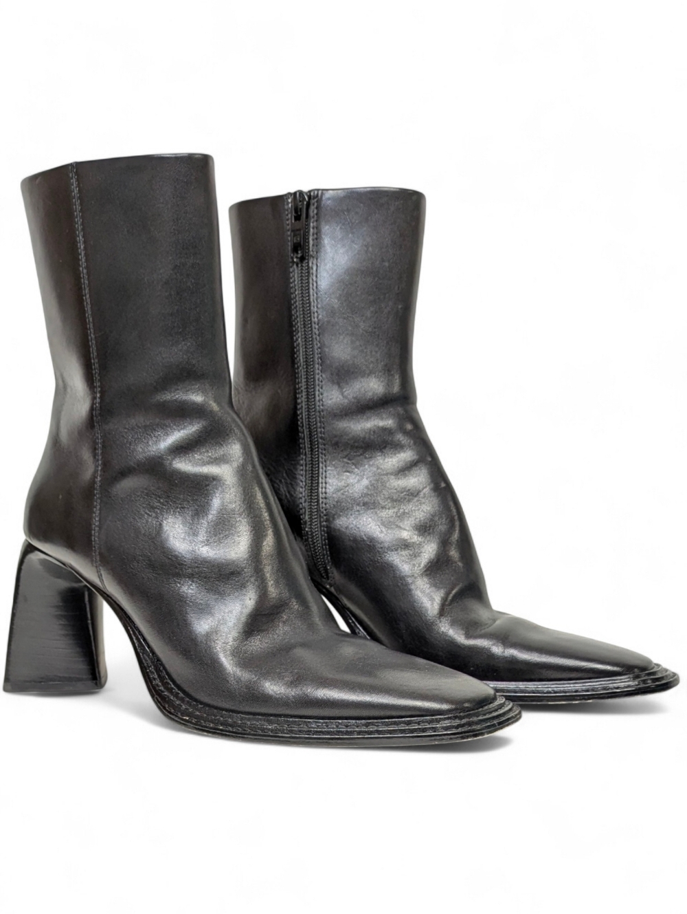 Wang Black Leather Square Toe Sculptural Flare Heel Ankle Boot Minimalist 10 - Picture 2 of 10